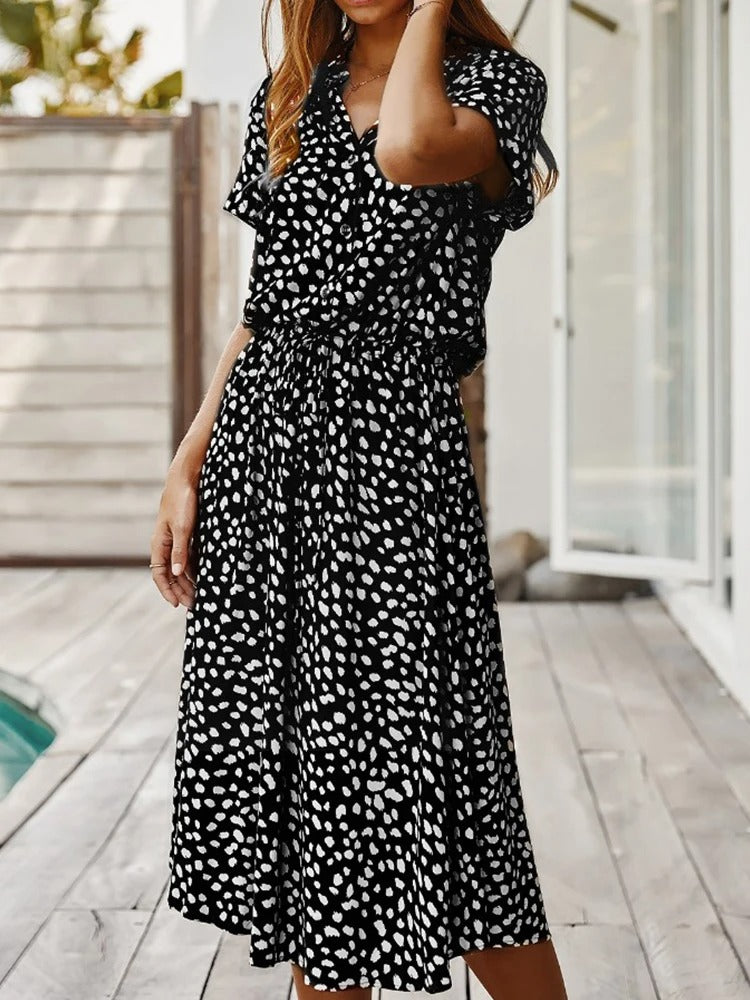 Ulvienne | Robe Midi d'Été à Manches Courtes avec Imprimé Pois/Leopard et Taille Nouée - Élégance Décontractée