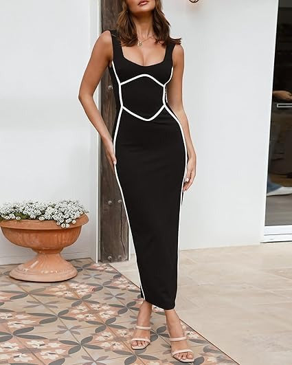 Flavie | Robe Maxi Bodycon à Encolure Carrée et Sans Manches