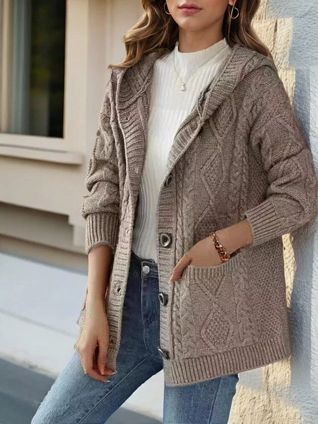 Capucine | Cardigan à Capuche Boutonné Femme - Tissu Texturé avec Grandes Poches