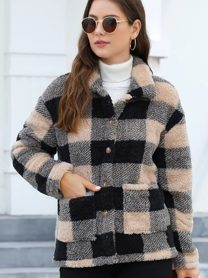 Rafaëlla | Manteau Plaid en Tissu Teddy Doux, Col Rabattu et Poches Pratiques