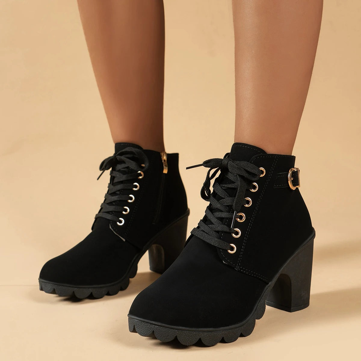 Feliz | Bottines à Talons Bloc avec Fermeture Éclair et Lacets