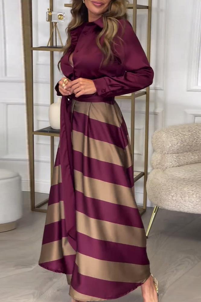 Véra | Robe Maxi Femme à Col en V Boutonnée à Manches Longues, Rayée avec Ceinture Taille Haute