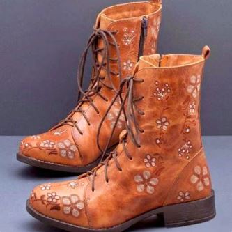 Speziela | Bottes Mi-Mollet à Talon Bas avec Lacets et Motif Floral