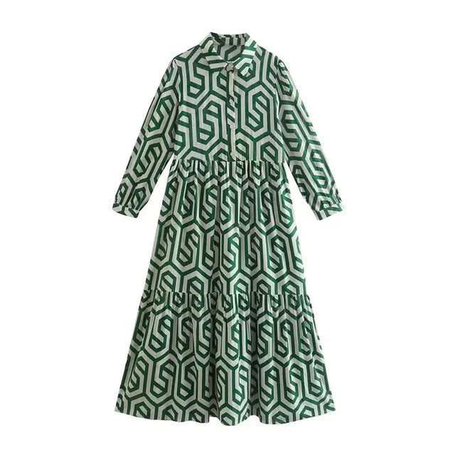 Viélia | Robe Longue à Manches Longues et Motif Géométrique