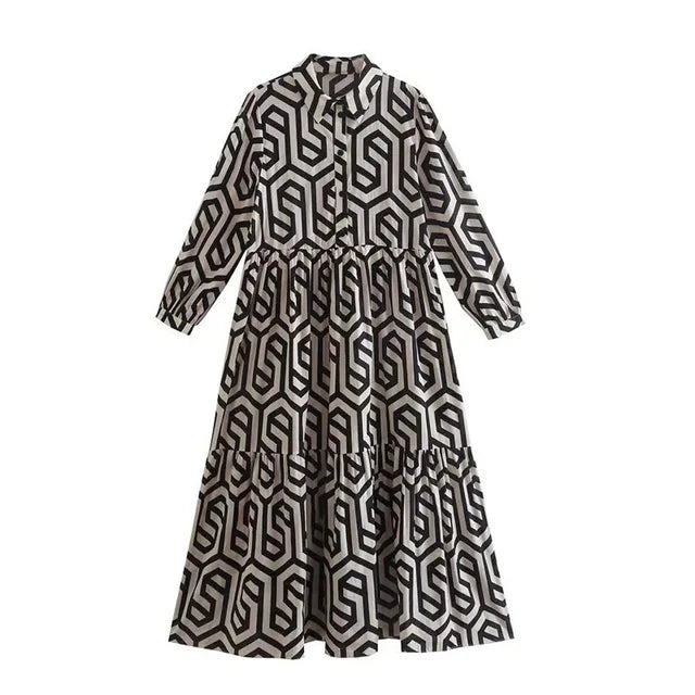 Viélia | Robe Longue à Manches Longues et Motif Géométrique