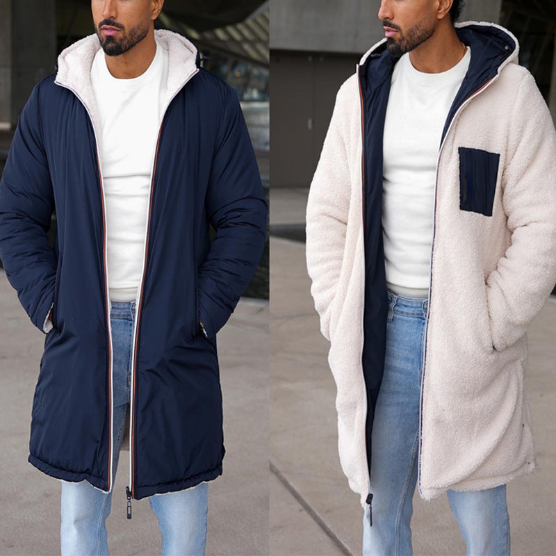 Aristide | Manteau Long Réversible à Capuche avec Fermeture Éclair Complète et Poches Latérales pour Homme