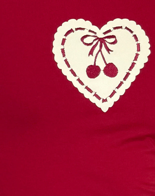 Kirzie | T-shirt Court Rouge avec Motif Cœur-Cerises