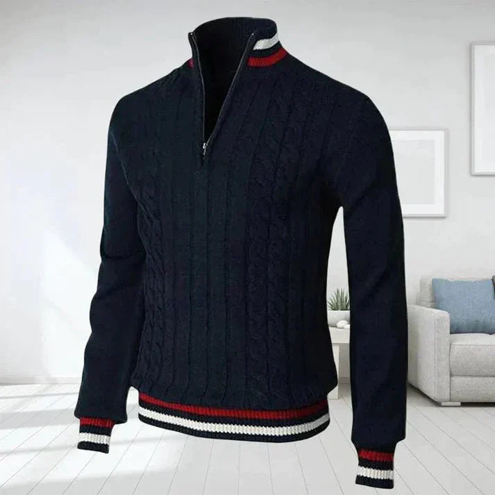 Ézéchias | Pull classique pour homme à col montant zippé avec motif en maille torsadée