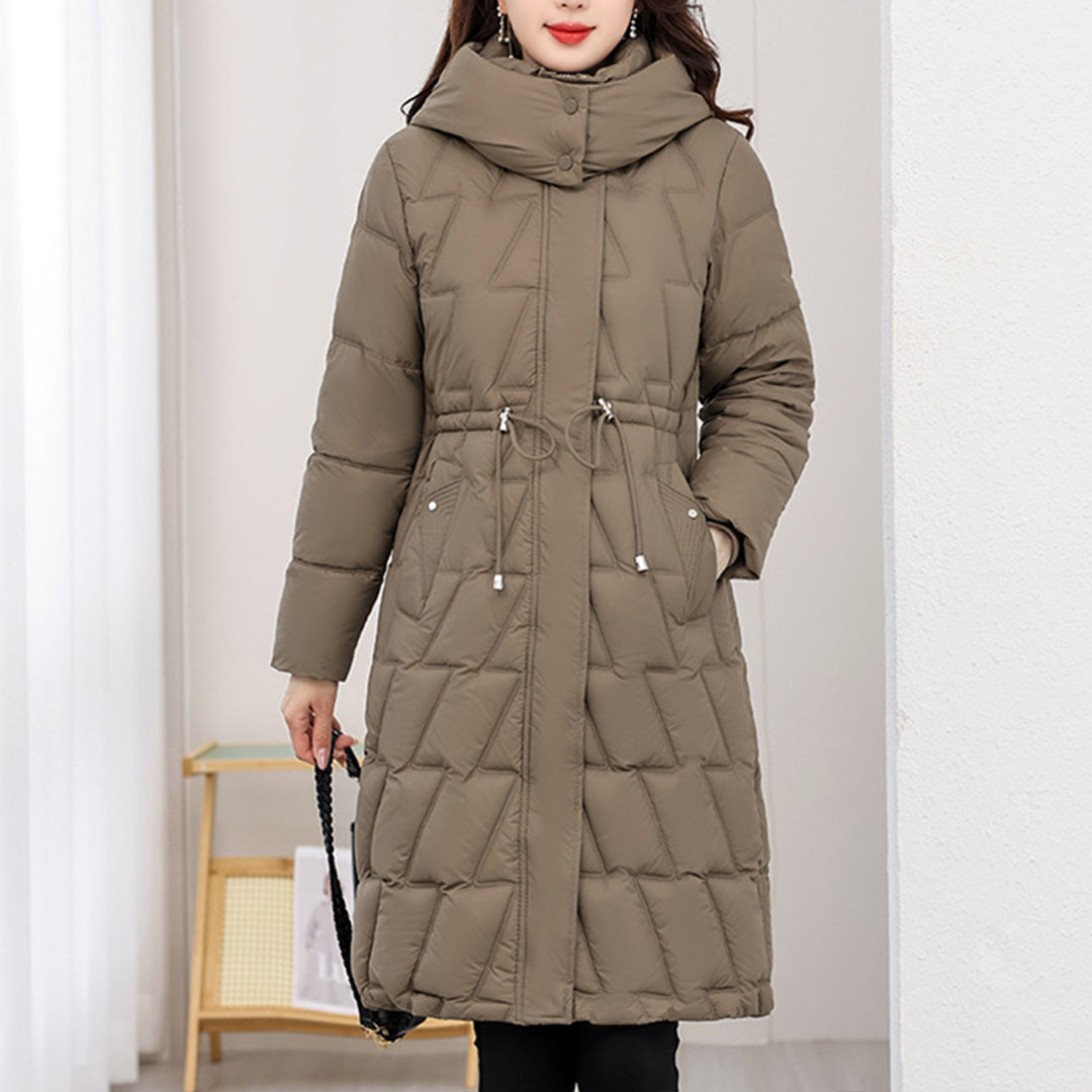 Agnès | Manteau Long d'Hiver Femme avec Capuche, Fermeture Éclair, Matelassé, Taille Ajustable avec Cordon