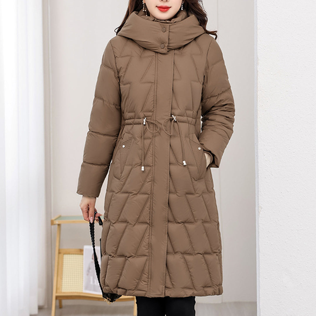 Agnès | Manteau Long d'Hiver Femme avec Capuche, Fermeture Éclair, Matelassé, Taille Ajustable avec Cordon