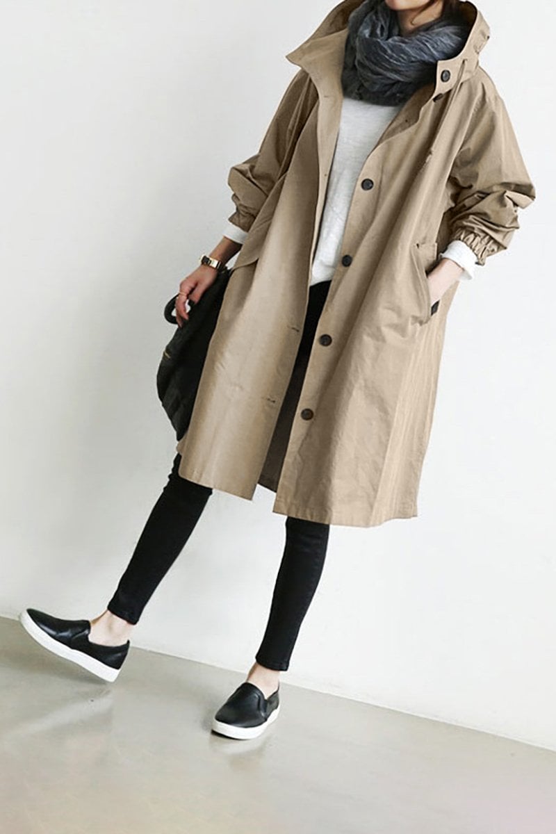 Rœllie | Trench Coat Long avec Capuche à Cordon, Coupe Relax et Résistant au Vent pour Femme