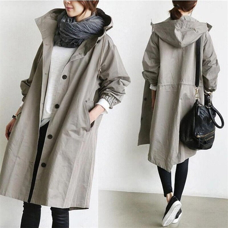 Rœllie | Trench Coat Long avec Capuche à Cordon, Coupe Relax et Résistant au Vent pour Femme