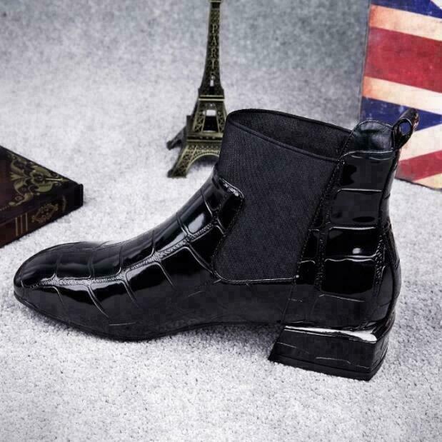 Domitille | Bottines Noires Brillantes avec Détail Chaussette et Talon Bloc