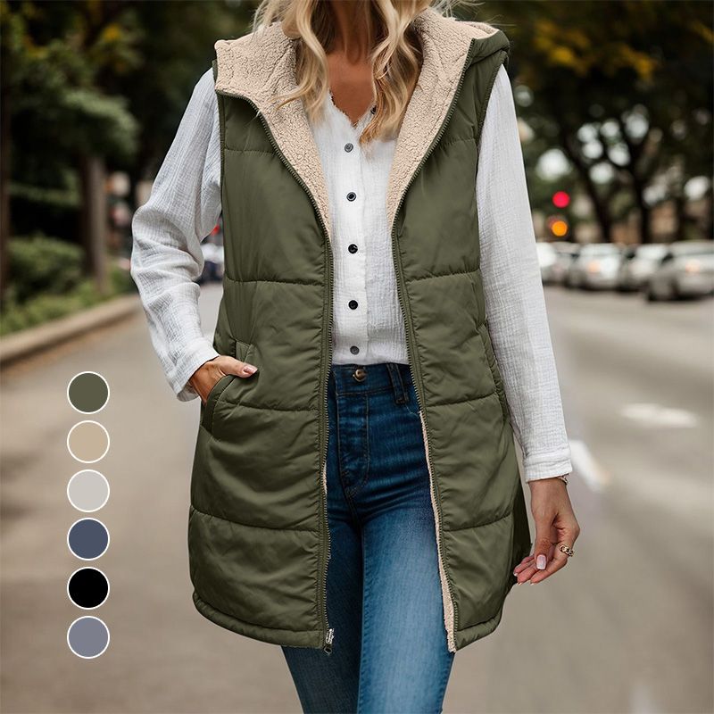 Wylowen | Gilet long réversible à capuche zippé, doublure en laine, femme