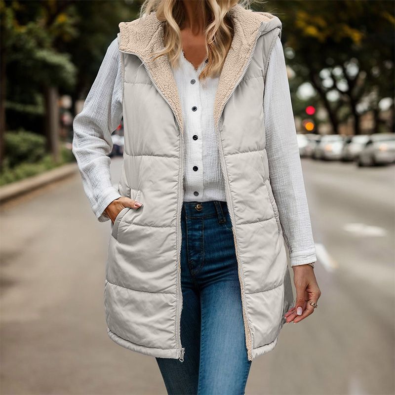 Wylowen | Gilet long réversible à capuche zippé, doublure en laine, femme