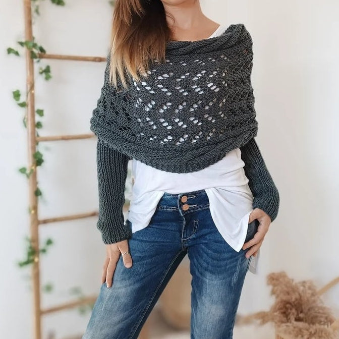 Kallisté | Pull Poncho Élégant à Manches Longues et Col Châle Découpé