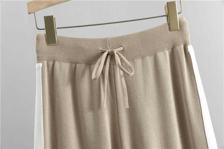 Kateline | Ensemble Tricoté 3 Pièces Femme – Haut à Col Rond Bi-ton, Cardigan à Boutons en V et Pantalon Taille Haute