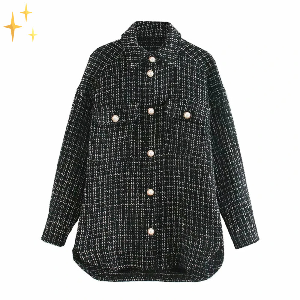 Jovana | Veste Chemise Vintage à Col Revers, Manches Lanternes et Boutons en Perle pour Femme avec Motif Pied-de-Poule