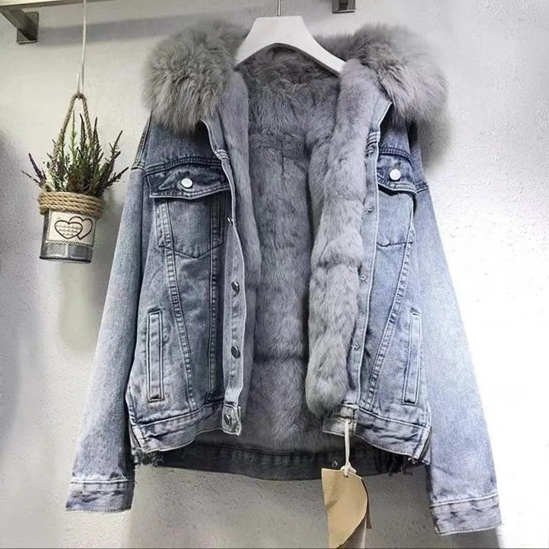 Frenda | Veste en denim doublée en polaire avec fourrure chaude pour femmes