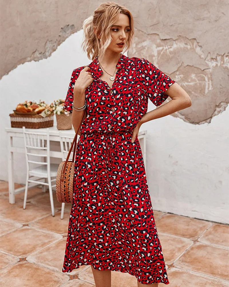 Ulvienne | Robe Midi d'Été à Manches Courtes avec Imprimé Pois/Leopard et Taille Nouée - Élégance Décontractée