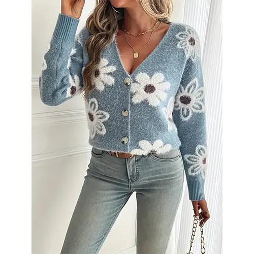 Quenelle | Cardigan Femme à Col en V Boutonné avec Détails Floraux Tricoté, Élégant et Confortable