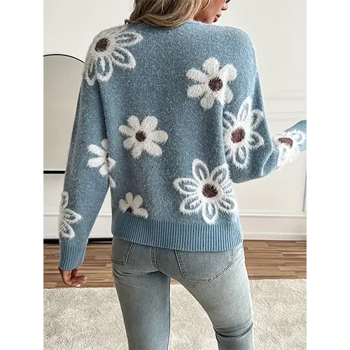 Quenelle | Cardigan Femme à Col en V Boutonné avec Détails Floraux Tricoté, Élégant et Confortable