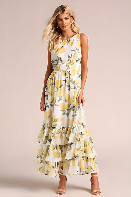 Citronè | Robe Longue sans Manches à Imprimé Citron avec Volants et Bretelles à Nouer - Style Décontracté pour Femme