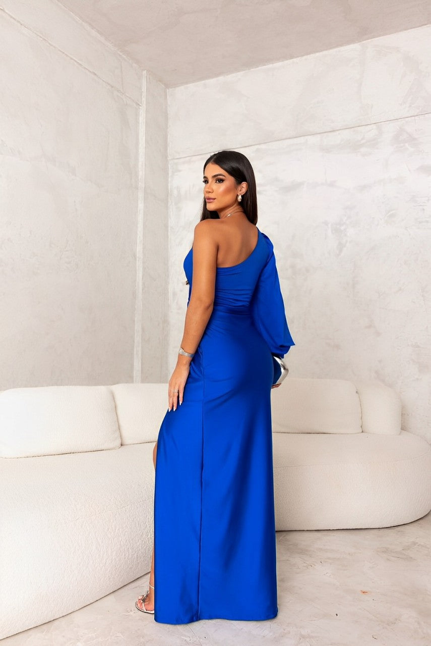 Tessalia | Robe Maxi Satinée à Épaule Dégagée, Style Unique, Coupe Bodycon avec Fente Haute