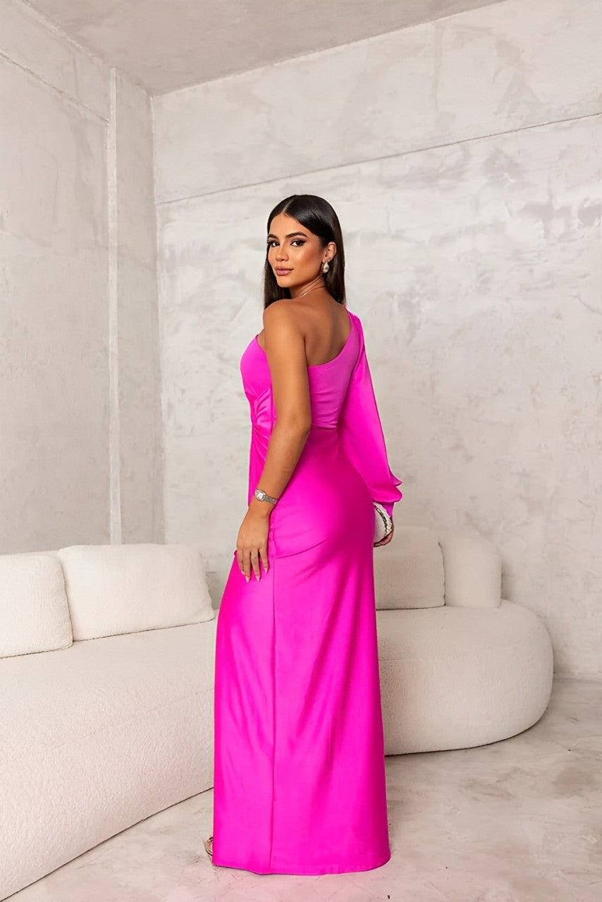 Tessalia | Robe Maxi Satinée à Épaule Dégagée, Style Unique, Coupe Bodycon avec Fente Haute