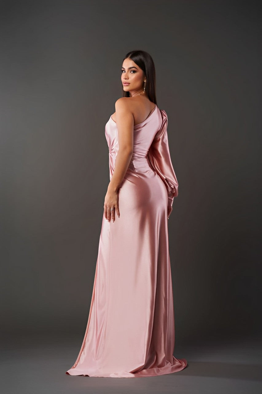 Tessalia | Robe Maxi Satinée à Épaule Dégagée, Style Unique, Coupe Bodycon avec Fente Haute